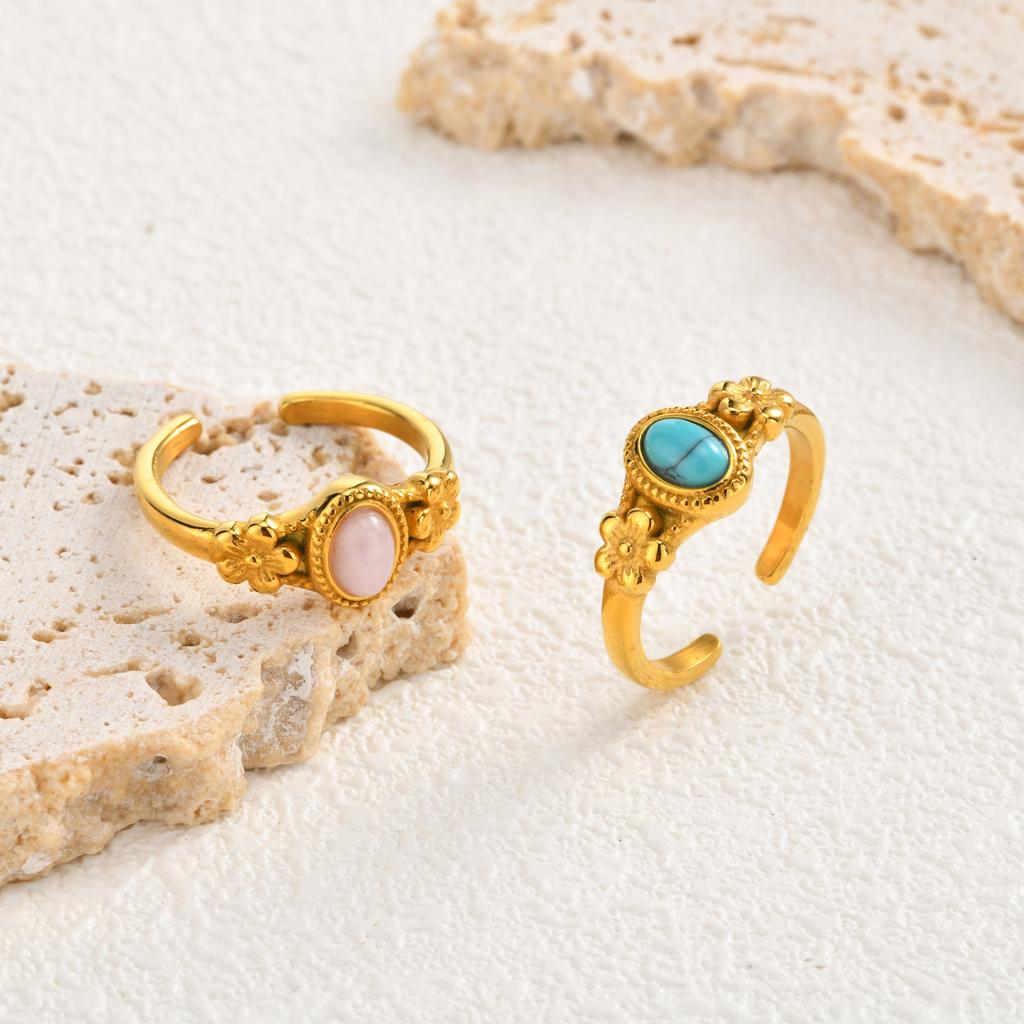 Adjustable Floral Open Ring, Turquoise Rose Quartz Natural Stone, 18K Gold Plated Stainless Steel, Waterproof Jewelry for Women