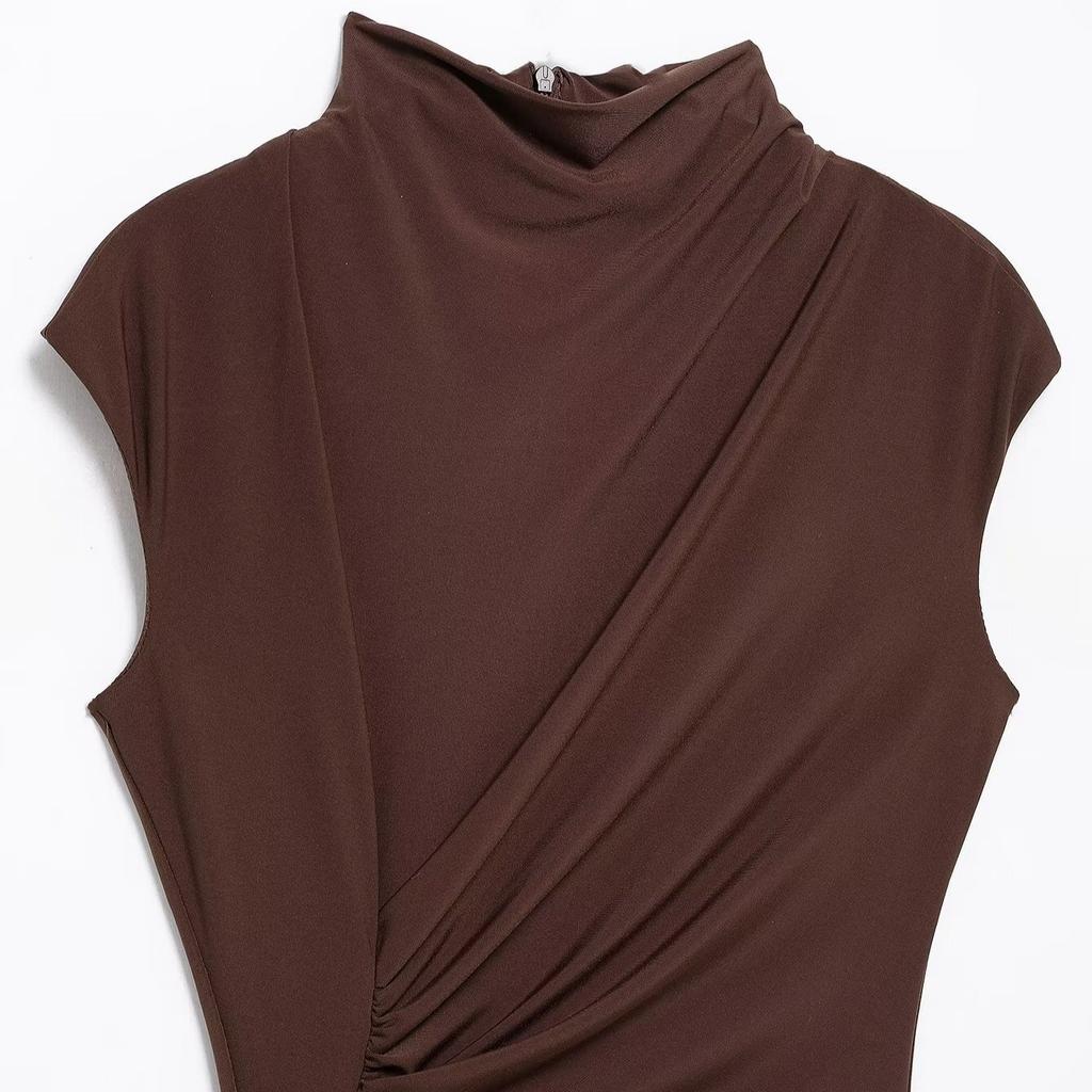 Women's Clothing Winter European and American Pleated Decorative Semi-turtleneck Sleeveless Midi Long Dress
