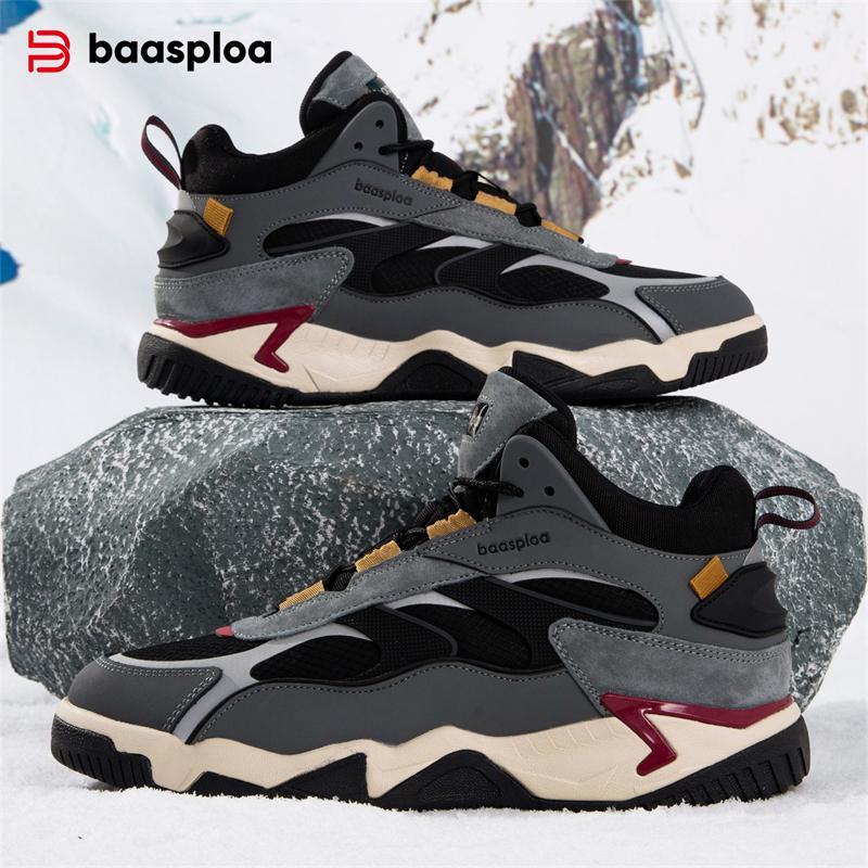BAASPLOA Winter Men Sneakers Leather Casual Fashion Waterproof Sport Shoes for Man Plush Warm Male Sneakers Non-Slip Outdoor Casual Sports Shoes