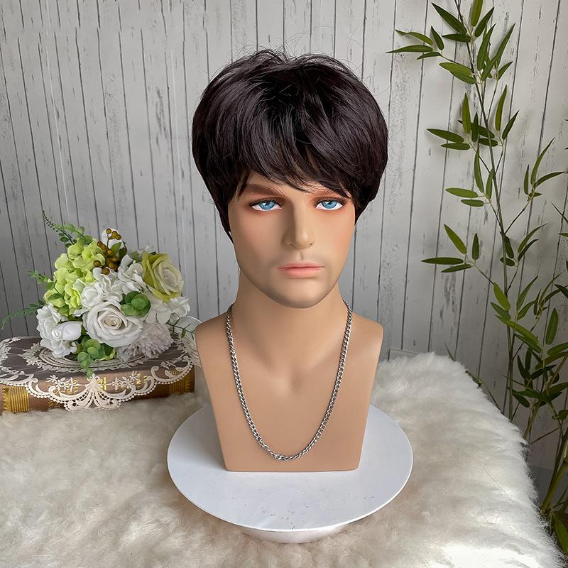 

Мужской синтетический черный парик с челкой, натуральный вид, ежедневные искусственные волосы для мужчин, короткие коричневые парики для костюмированной вечеринки, термостойкое волокно коричневый