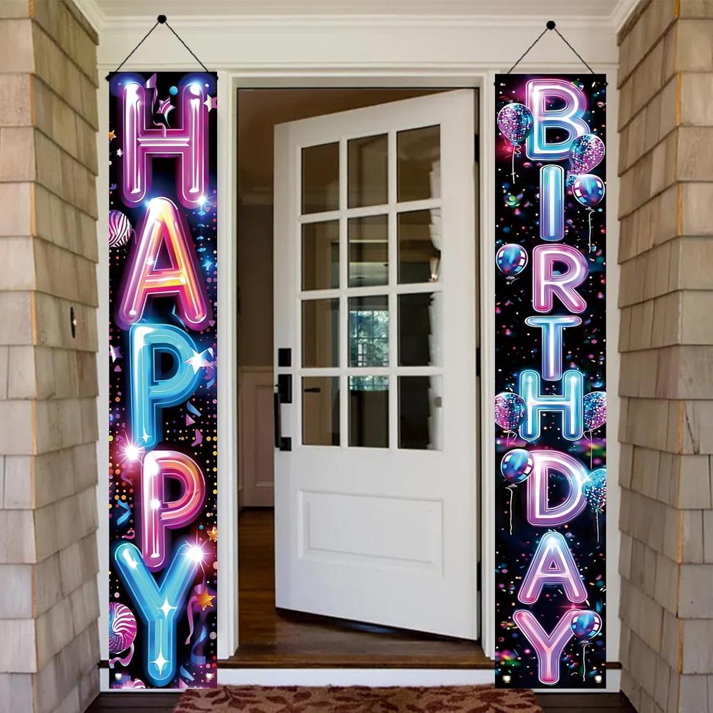 2 Pcs Happy Birthday Door Banner, Neon Lights Theme, Polyester Fabric, Easy to Hang, Indoor/Outdoor Use