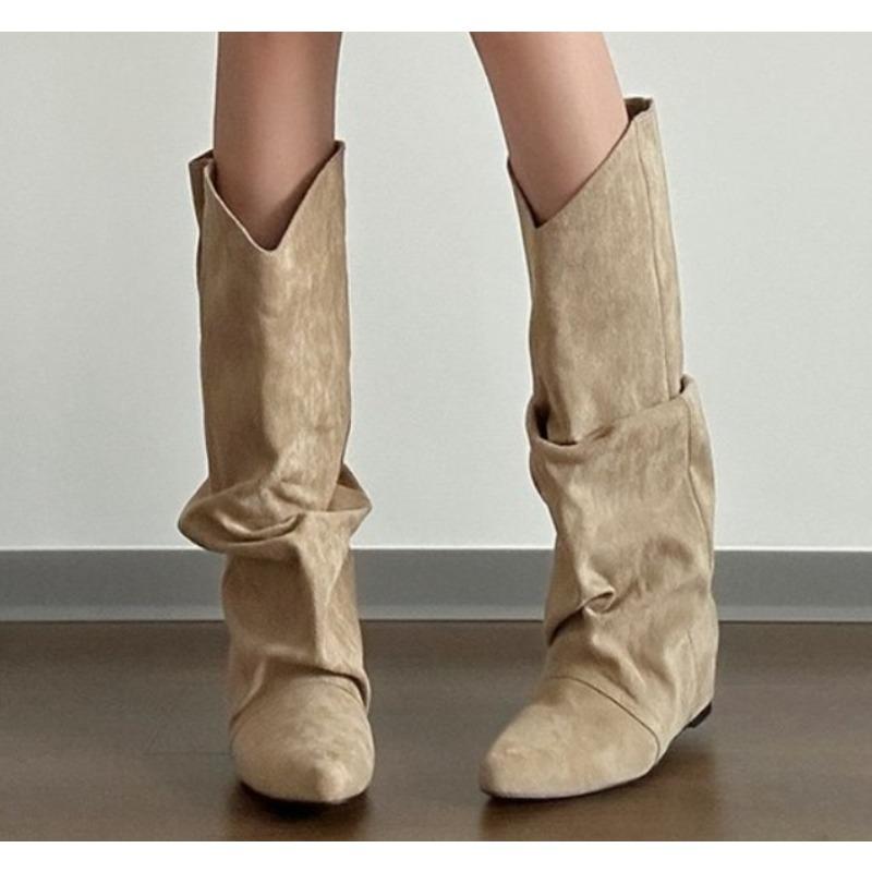 Ny Stil Dams Höst Vinter Veckade Dam Western Cowboystövlar Invändig Höjning Riddar Ankelstövlar Zapatos De Mujer