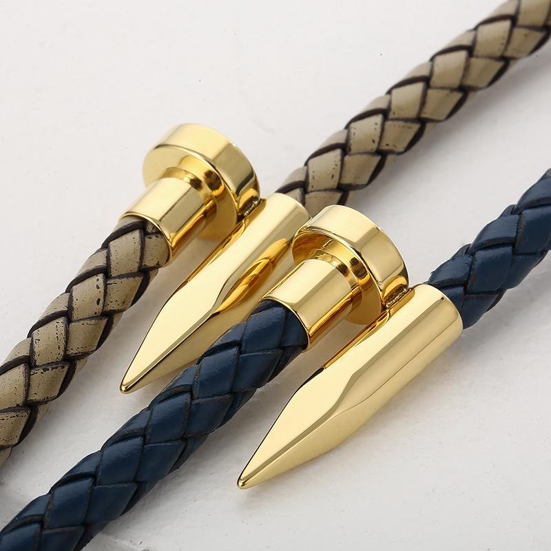 Men's Leather Magnetic Clasp Bracelet with Stainless Steel Nails