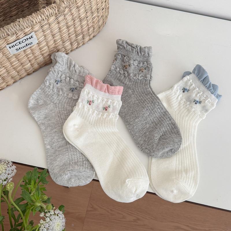 Spring Sock - Mesh Transparent Blue Floral Patterned Academic Style Short Cotton Socks