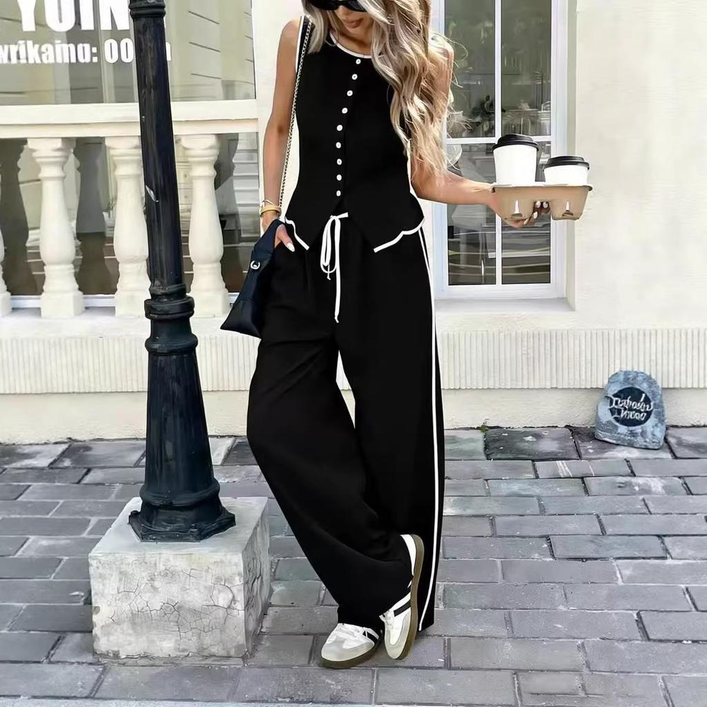 Summer Women Contrast Color Sleeveless Single Breasted Vest + Drawstring Pants Two Peice Set Women Vest Top + Pant Suit