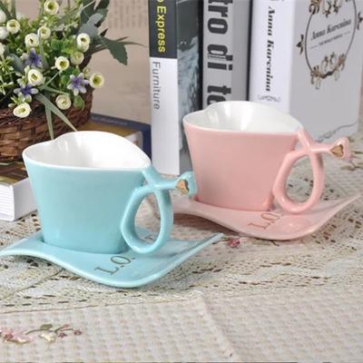 Ceramic Coffee Mug Heart-Shaped Cups Blue Creative Milk Mug with Spoon Valentine'S Day Gift Cup Sets for Lovers