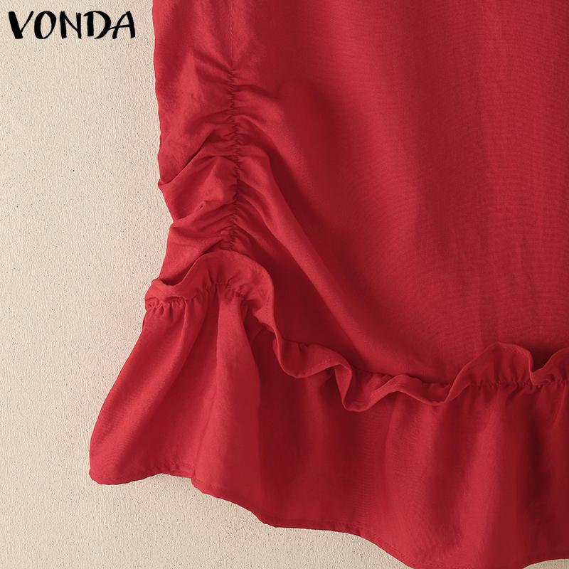 VONDA Women Round Neck Sleeveless Ruffled Twisted Hem Casual Tank Tops
