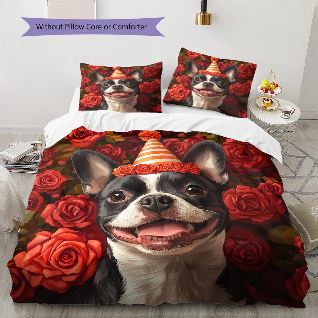 Rose Dog Pattern Bedding Quilt Set Home Decoration Gift (1 * duvet cover + 2 * pillowcase without core)