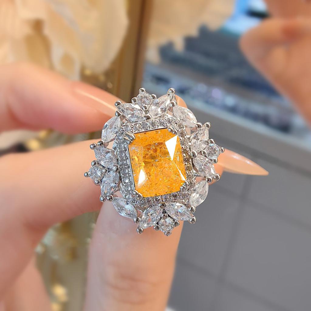 Temperament Yellow Diamond Imitation Ice Flower Cut Necklace Simple Princess Square Diamond Earrings Open Ring Color Treasure Set