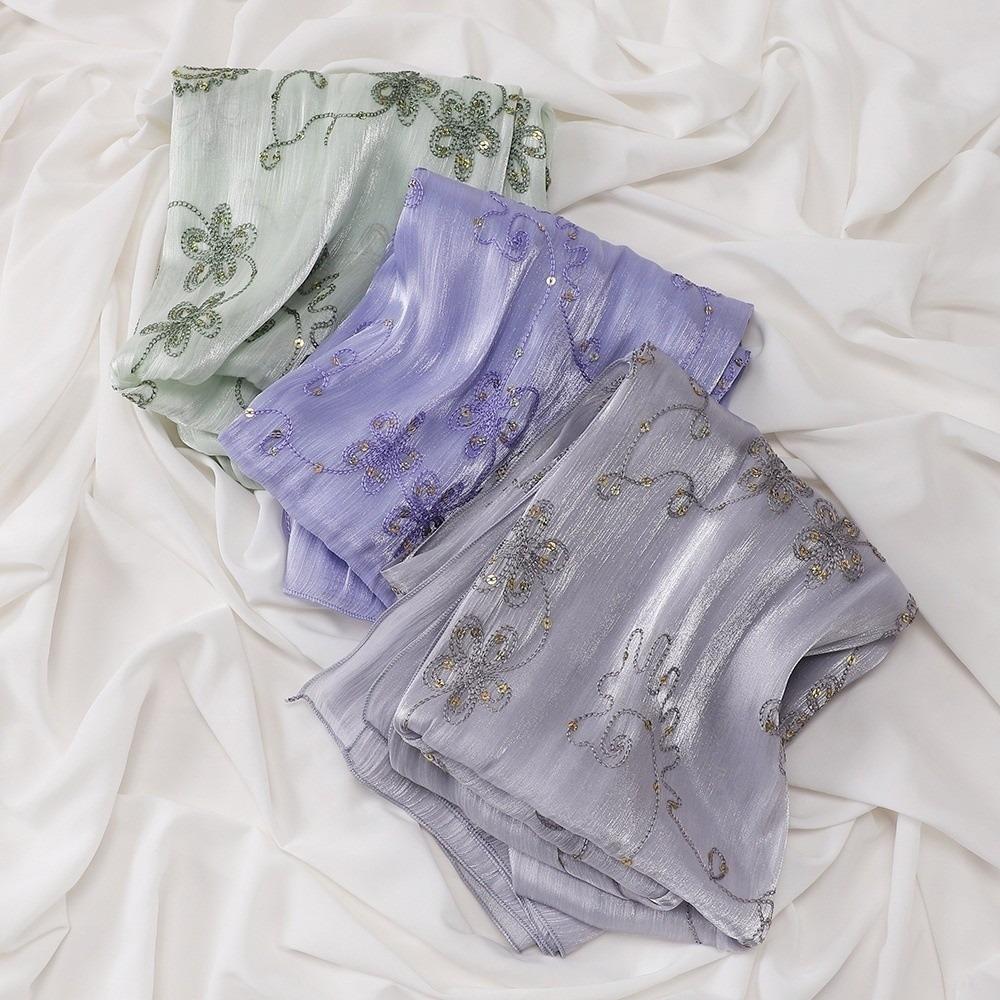 Elegant Glitter Chiffon Shawl Embroidery Crinkle Shawl Flowy Hijab Shawl  for Women