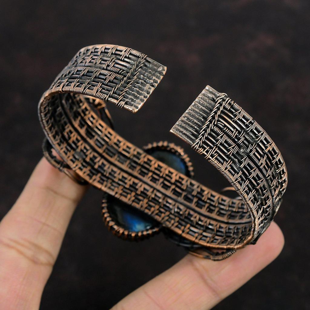 Labradorite Bangle Copper Wire Wrapped Cuff Bracelet Adjustable Bangle Handmade Gemstone Bracelet Rainbow Moonstone Jewelry Anniversary Gift