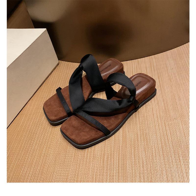 Sheepskin~ 4cm Height Increase Temperament Square Head Wrap with Sandals Slope Heel Thick-soled Slippers Women's Summer Sandals