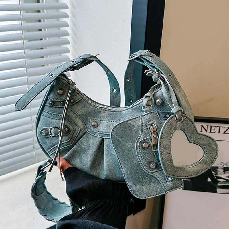 

Модная женская сумка через плечо из искусственной кожи с шикарным дизайном с заклепками, застежкой-молнией и бесплатным зеркалом, компактная и практичная для шопинга и путешествий