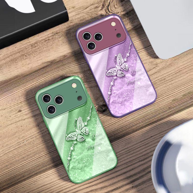 Elegantní modrý motýl Pro iPhone 17 Air 16 E 15 14 13 Plus 12 mini 11 17 Pro Max XR Xs Max 16E 7 8 Tvrzené sklo Kryt na telefon