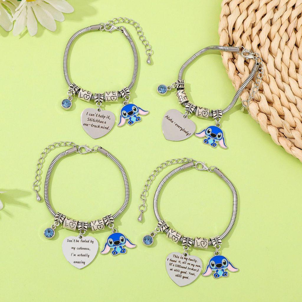 Stitch Cartoon-Figur Herz Graviertes Metallarmband Zum Verschenken Und Für Frauen Männer