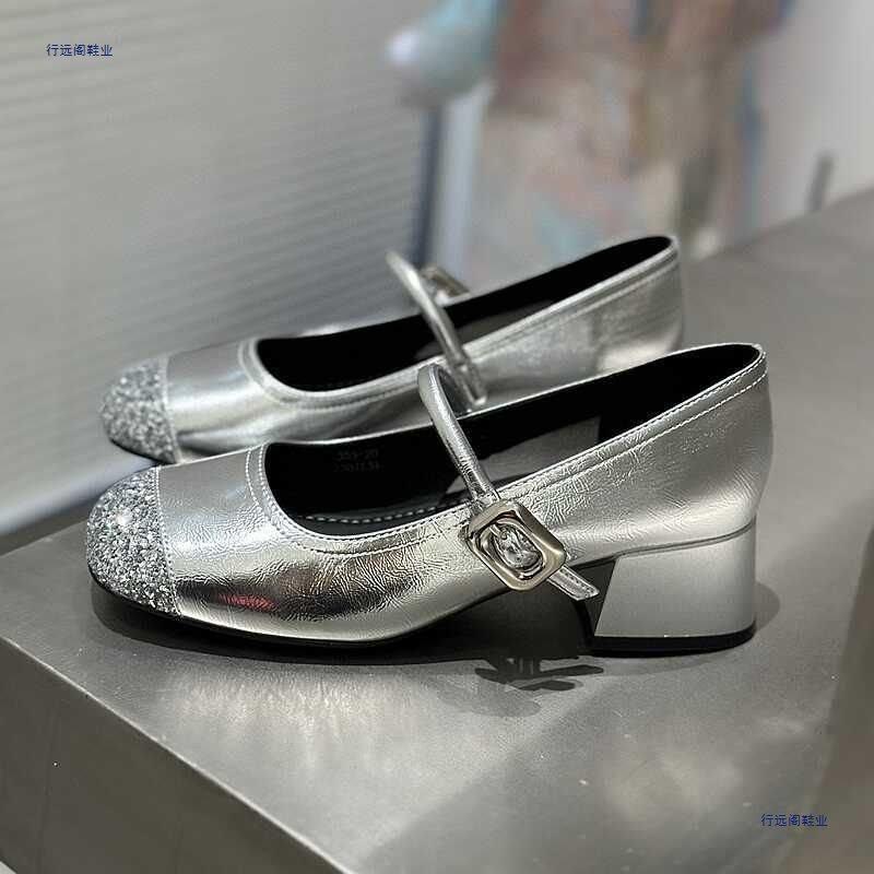Silver soft-soled light-mouth Mary Jane shoes women's new spring and summer one-word with retro high-heeled single shoes