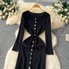 Autumn Winter Women Casual O-neck Full Sleeve Knitted Sweater Long Midi Pullover Dresses
