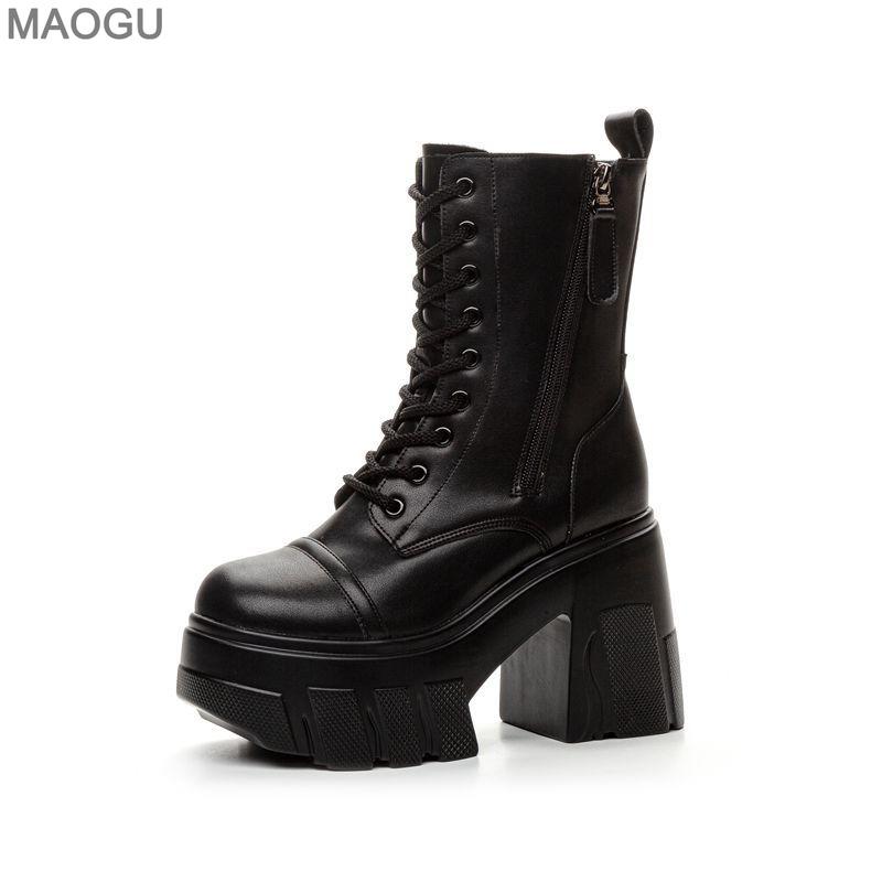 11CM Height Increasing Short Boots Leather Thick Bottom Platform Wedges Shoes for Women Fashion British Style Ankle Bootie 34 чёрный 4740₽