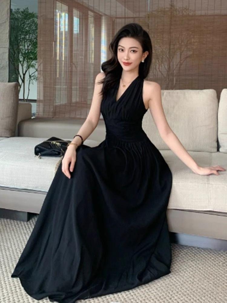 French Temperament Slim Fit and Thin Neck Dress Women's Summer New Waist Holiday Style Sleeveless Long Dress