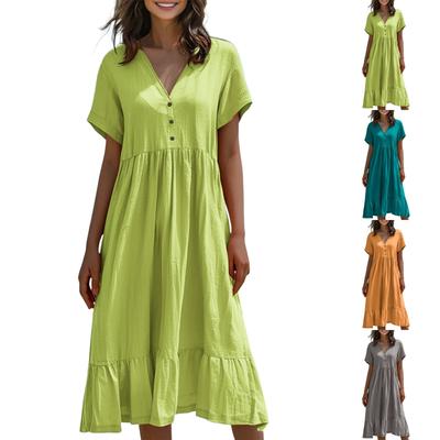 Women's Fashion Solid Color Short Sleeve Cotton Linen Patchwork Pleat Dress