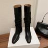 Winter Pleated Pointed Toe Woman Knee-High Boots Designer Splicing Thick Heels Long Booties Shoes