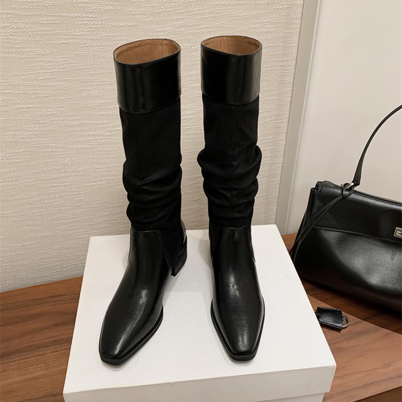 Winter Pleated Pointed Toe Woman Knee-High Boots Designer Splicing Thick Heels Long Booties Shoes