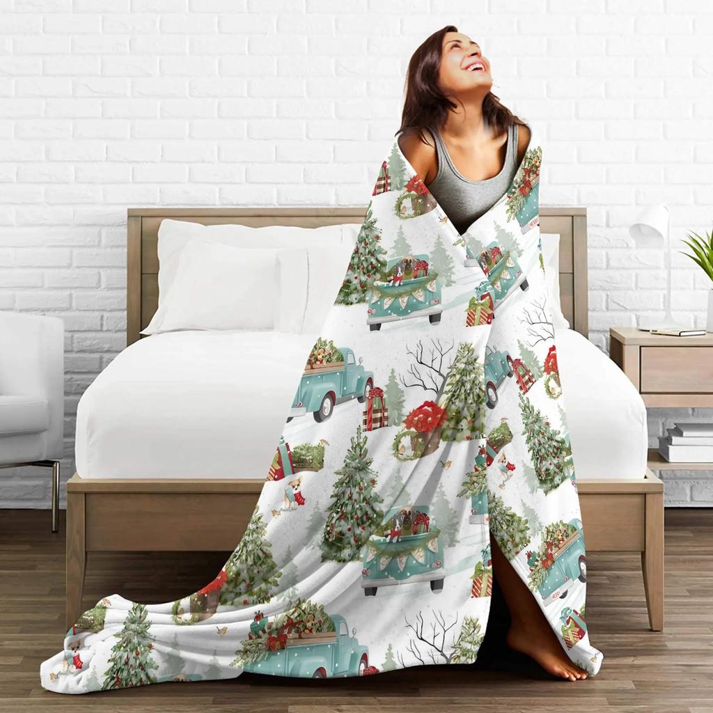 Vintage Christmas Tree Flannel Blanket Warm Soft Throw Blanket for Couch Bed Decorative Print Bedspread Sofa Bed Cover