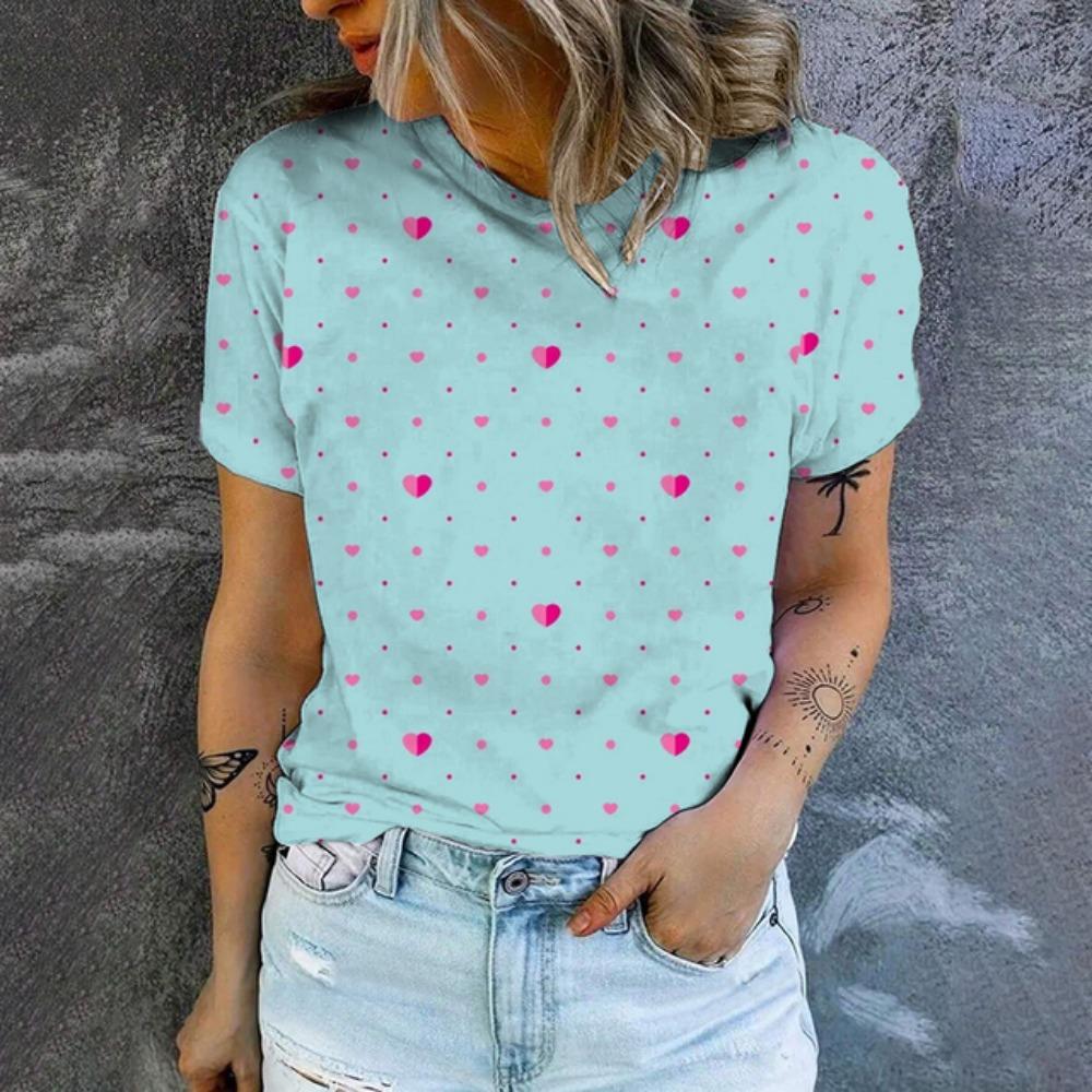 

Женская футболка, модная розовая футболка с принтом в виде сердца, женская футболка для отдыха с коротким рукавом, популярная футболка лета 2024 года 5XL