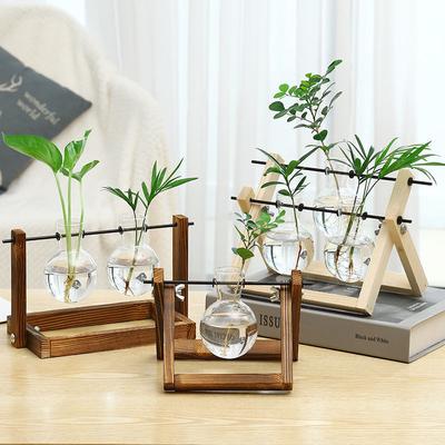 Creative Wooden Frame Desktop Transparent Hydroponic Glass Vase for Pothos Plant Pot Container Ornament Office Living Room Decor