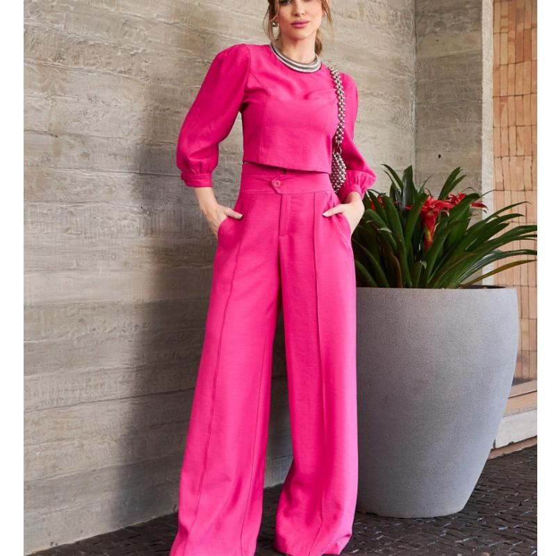 2024 Women's Fashion Two-Piece Set: Long-Sleeve Top & High-Waisted Wide-Leg Pants