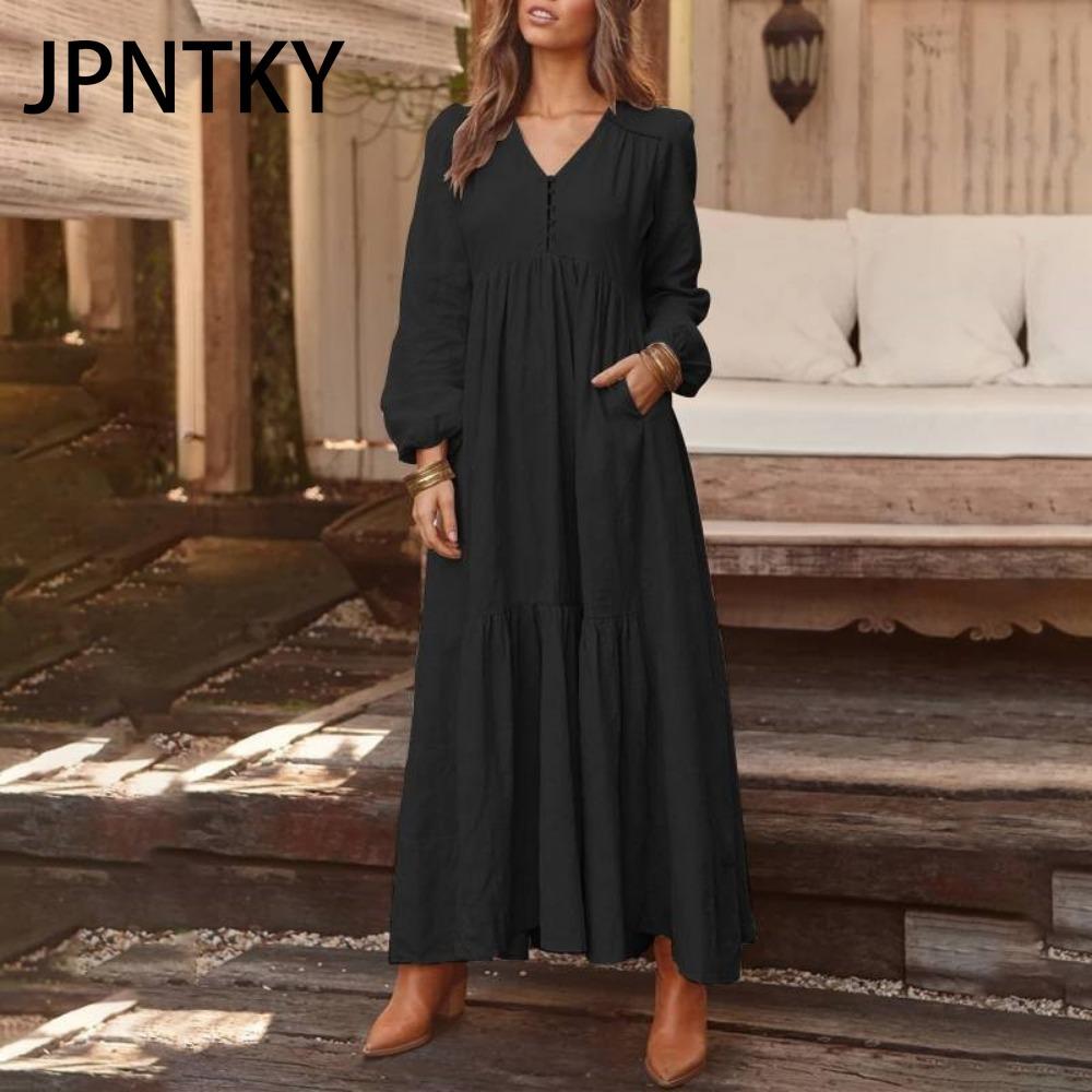 JPNTKY Women's Cotton Maxi Dress Long Sleeve Ruffle Pocket