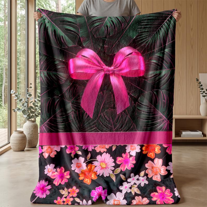 Floral and Bow Composition Theme Blanket Lightweight Warm Flannel Blanket Decorative Throw Blanket for Home Decoration