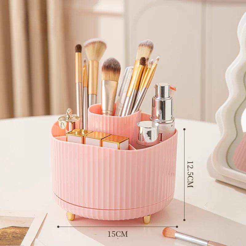 360° Rotating Makeup Organizer Large Capacity Cosmetic Storage Box with Brush Pen Holder Portable Desktop Bathroom Organizer