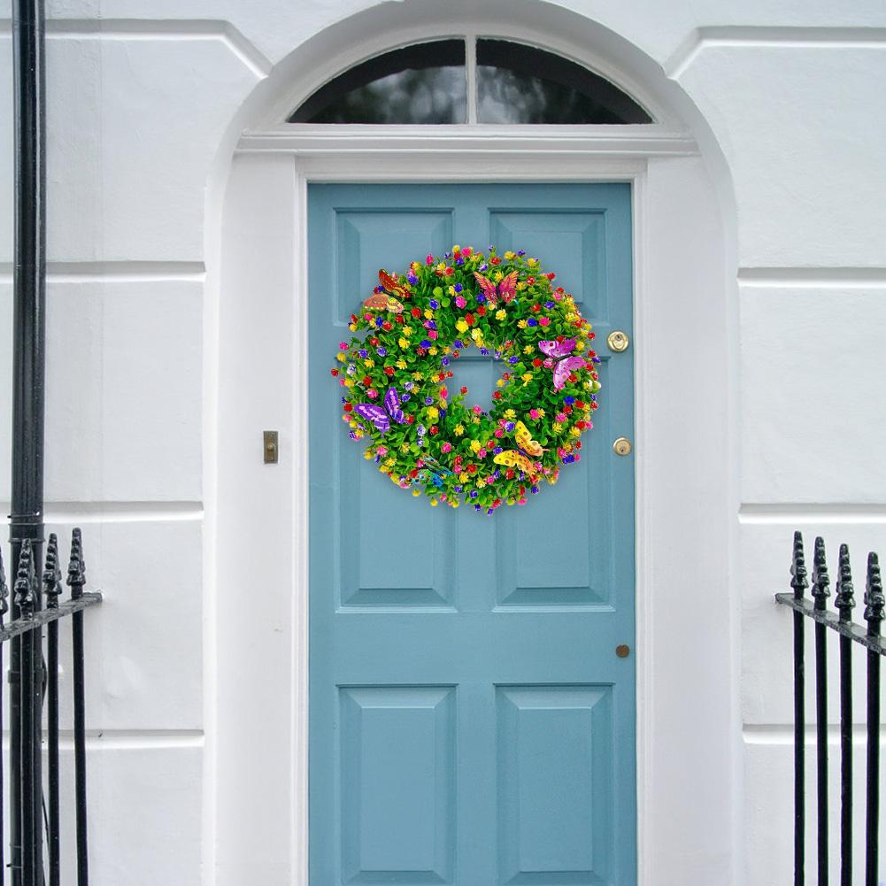 Handcrafted Artificial Eucalyptus Wreath with Butterfly Flower Faux Leaf Plastic Wreath for Farmhouse Party Holiday Home Wall