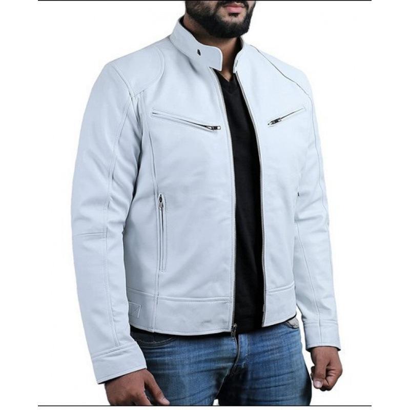 

Men s Southern Winter Multi-Pocket PU Leather Motorcycle Jacket with Stand Collar and Button Zipper XL білий