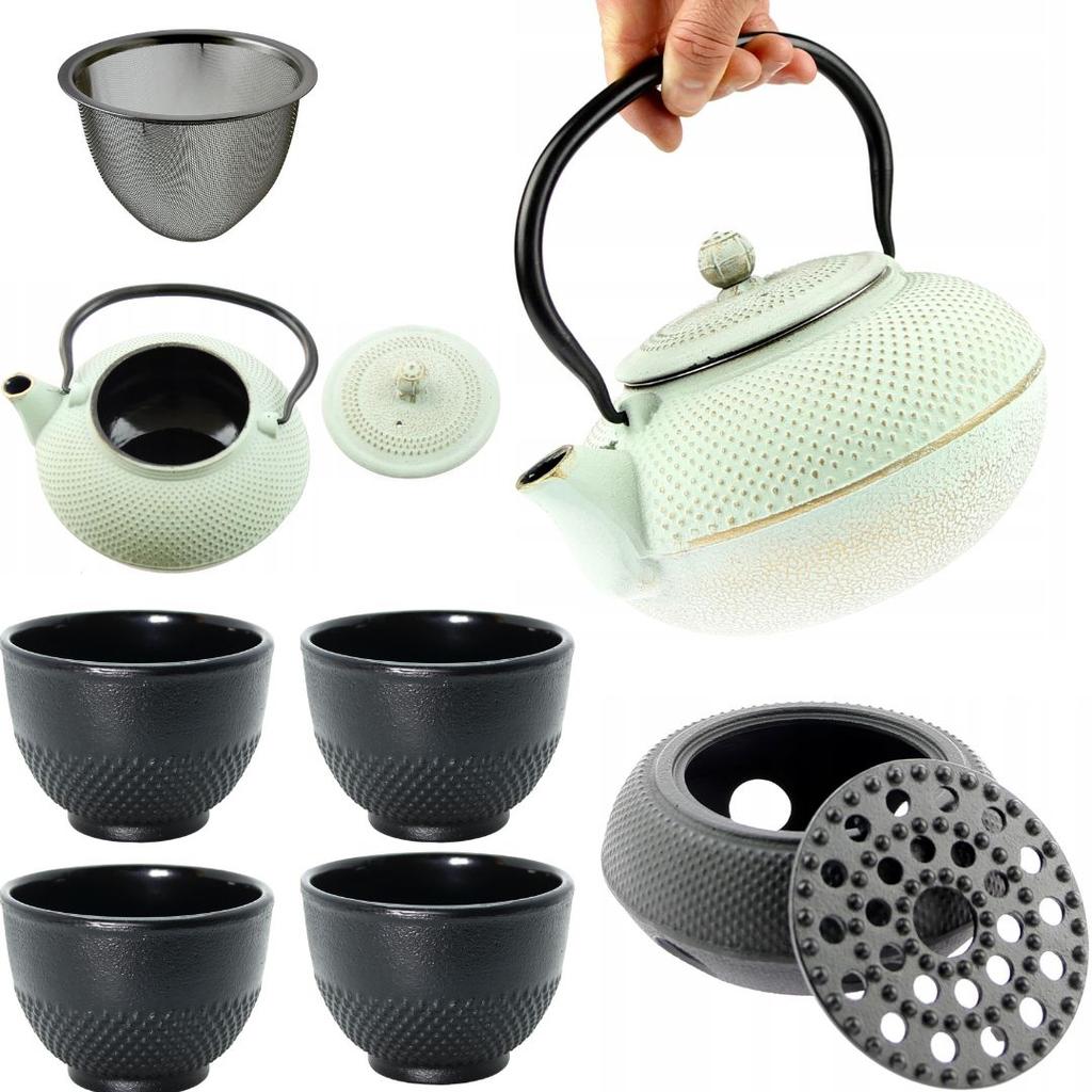 CAST IRON KETTLE 1.5L TEA POT WITH TEA INFUSER + 4x CUPS WARMER