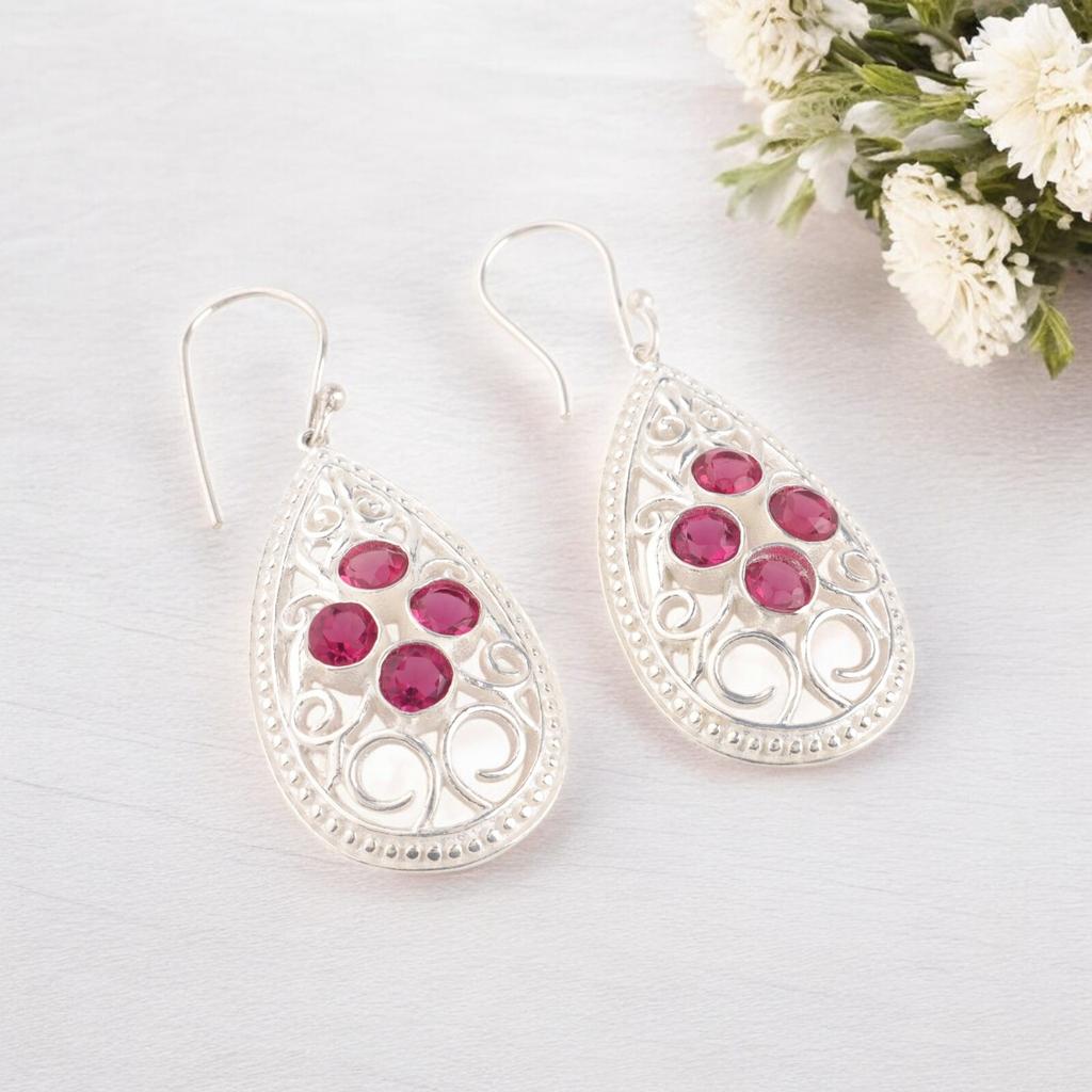 Pierre précieuse Rubellite rose Argent massif 925 Bijoux faits main Boucles d'oreilles pendantes 2,25" CE-17-2