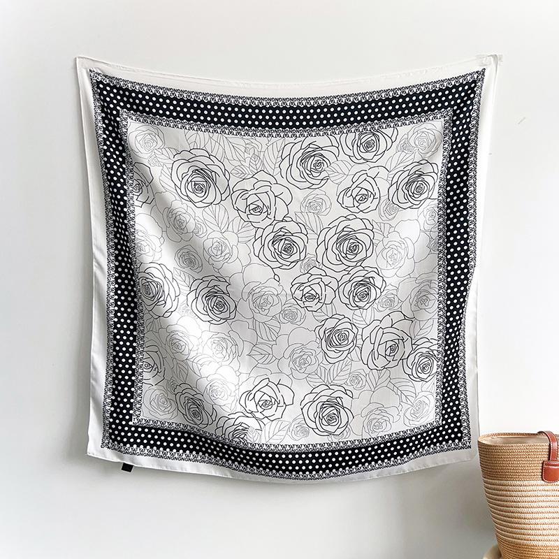1116 New Camellia Print Silk Scarf, Summer Thin High-End Korean Fashion Chest Wrap Square Scarf and Headscarf Decoration