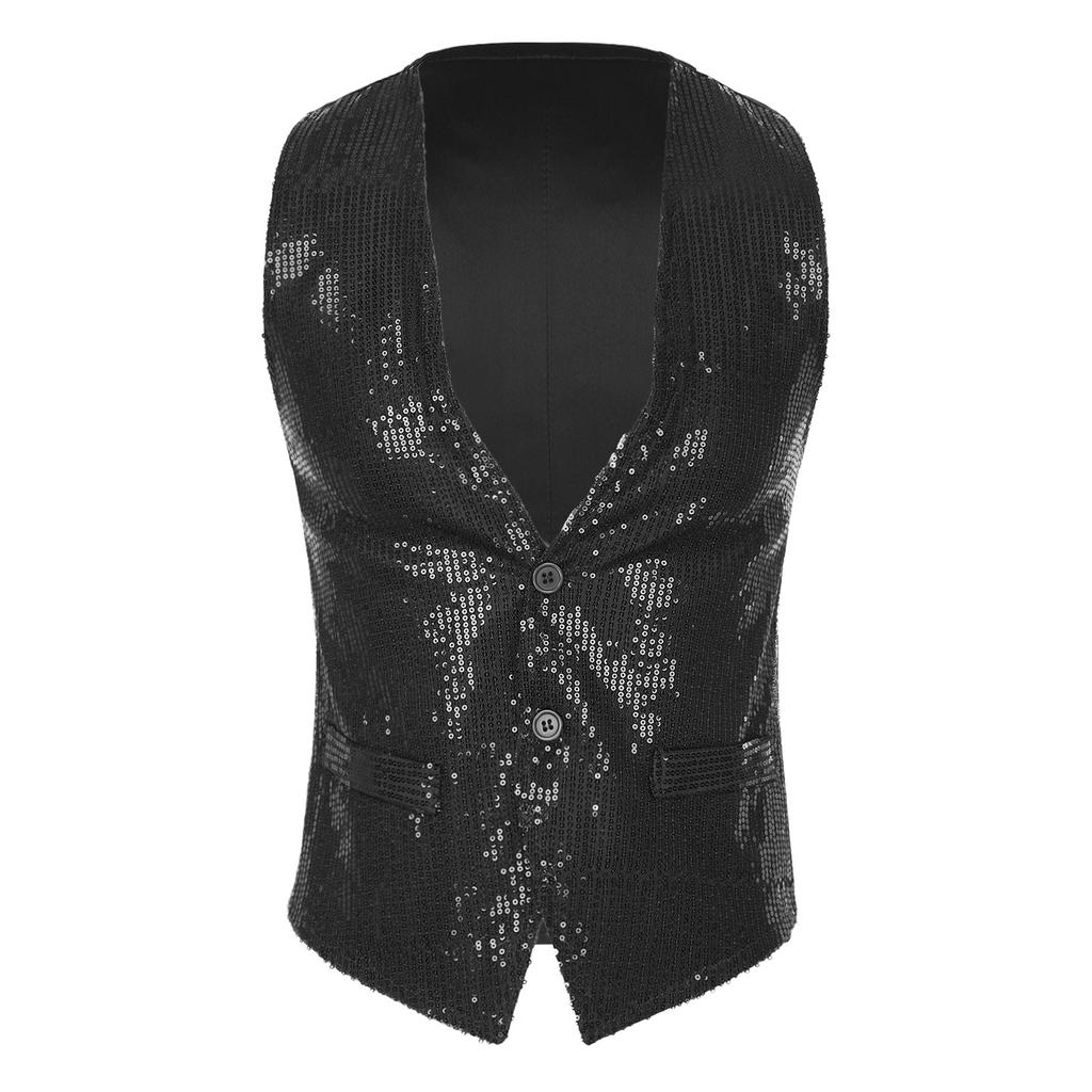 Unisex Adult Shiny Sequin Vest Sleeveless Button Design Waistcoat Jacket for Music Festival