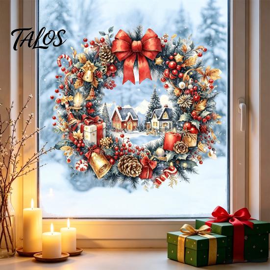 Festive Wreath Decorations Watercolor Christmas Static Window Cling, Reusable Xmas Sticker with Red Bow Seasonal Home Decor Winter Snowy Decal,