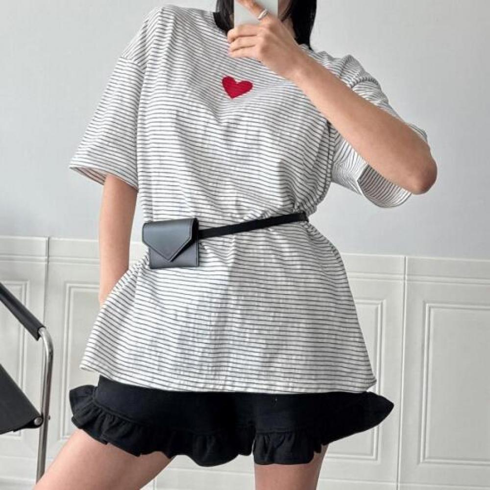 New Arrivals Open Run HearT STripe ShorT Sleeve T shirT Women Loose fiT Ringer