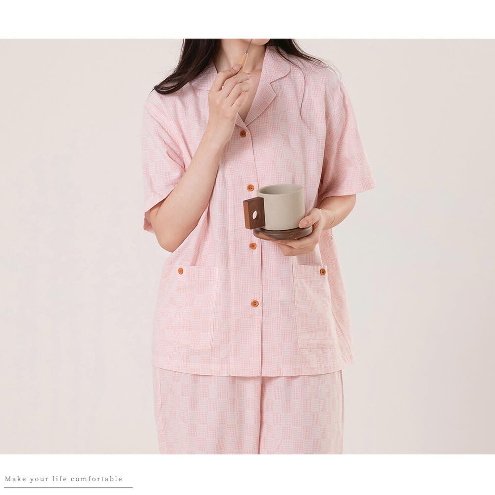 Yes Family Double Gauze Pajama Short Check Size M Women's Set, 100% Cotton, Sleeves, Pattern, Pink,