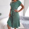 O-Neck Short Sleeve High-Waist Lace-Up Midi Dress Simple Floral Print Pleated Hem