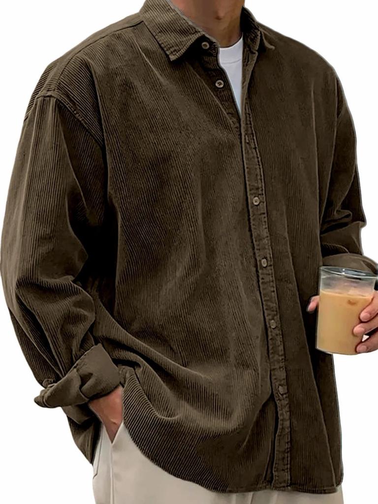 Men's Solid Color Corduroy Button Down Shirt, Loose Fit Lapel Casual Long Sleeve Shirt