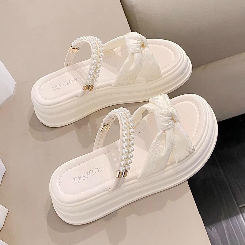 New Luxury Women's Slippers, Summer Height Increase Thick Bottom Casual Pearl Exquisite Sandals, Outdoor Play Beach Slippers