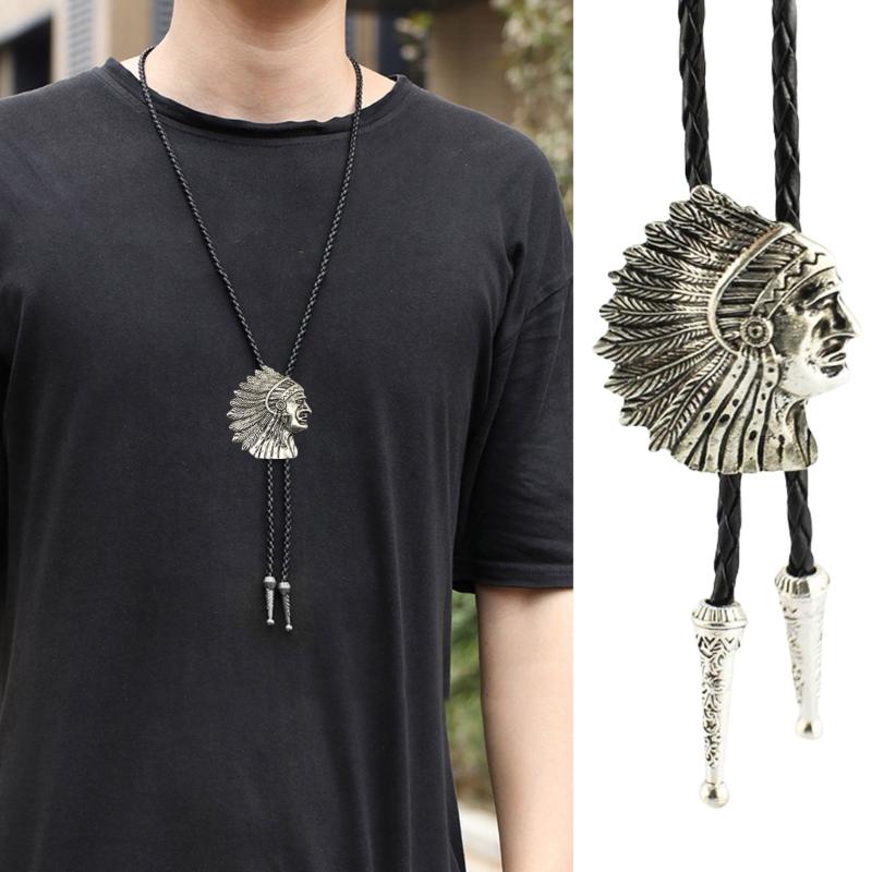 Handmade Jewelry Bolo Tie Western Cowboy Faux Leather Rope Necktie with Indian Head Metal Feathered Pendant Necklace