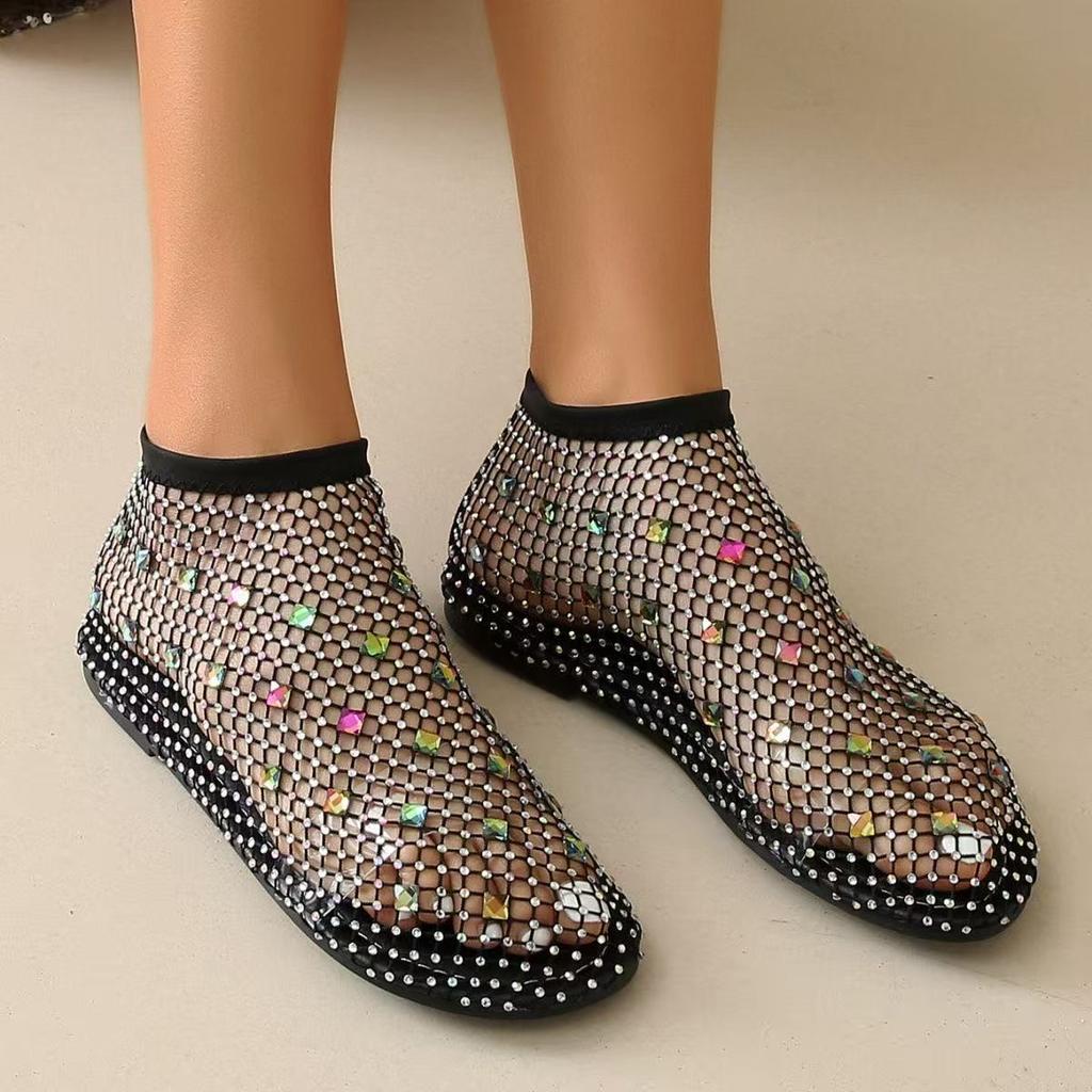 Summer Women's Luxury Sequin Bottom Hollow Short Boots Water Diamond Sexy Flat Bottom Fashion Banquet Flats Sandals