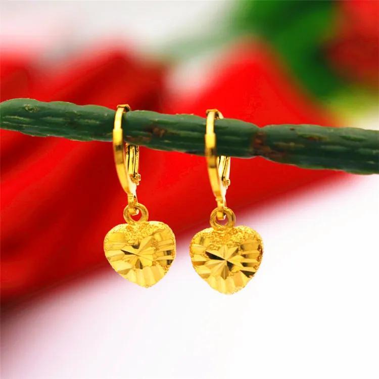 Luxury Genuine Gold Color Love Heart Shape Long Drop Earring for Women Bride Wedding Daily Wear Earring Jewelry Gifts