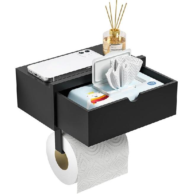 Domax Black Toilet Paper Holder with Shelf - Wall Mount/Adhesive Bathroom Toilet Paper Holder,Bamboo Wood Tissue Toilet Roll Holder with Storage Medium чёрный