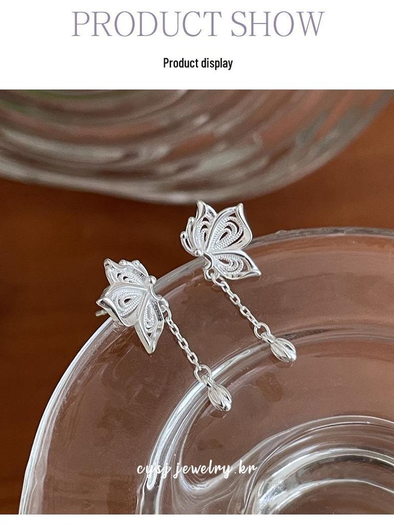 Cui Yan S925 Sterling Silver Korean Sweet Hollow Butterfly Tassel Earrings for Women - High-End Niche Style